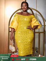 AOMEIDRESS Yellow Sequins Dress Off Shoulder Patchwork Lantern Sleeve Yellow / S