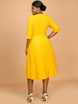 AOMEIDRESS Yellow Wedding Guest Dress Round Neck Pleated A Line
