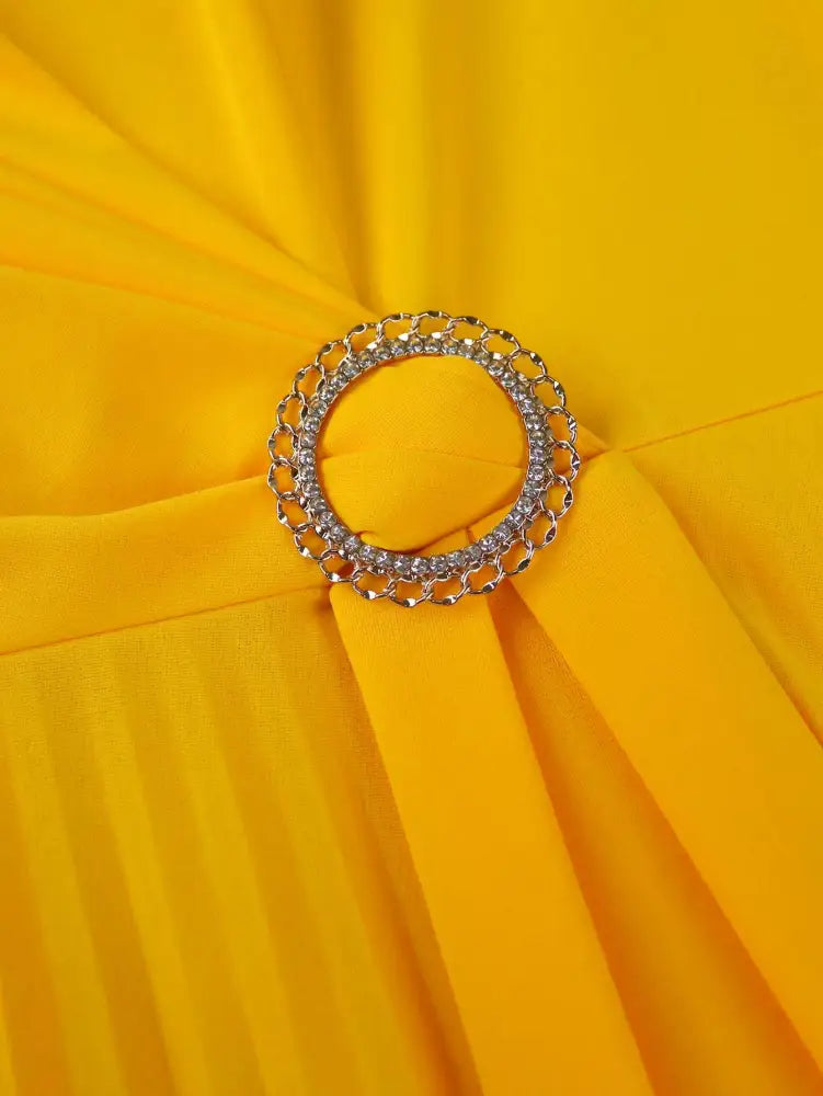 AOMEIDRESS Yellow Wedding Guest Dress Round Neck Pleated A Line