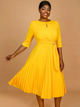 AOMEIDRESS Yellow Wedding Guest Dress Round Neck Pleated A Line