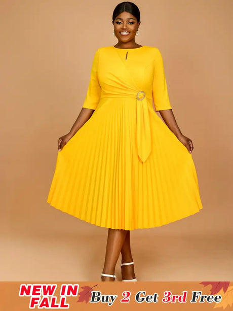 AOMEIDRESS Yellow Wedding Guest Dress Round Neck Pleated A Line S / Yellow