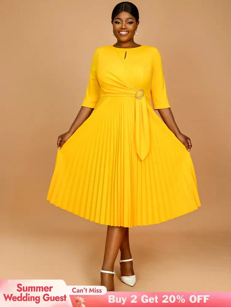 AOMEIDRESS Yellow Wedding Guest Dress Round Neck Pleated A Line S / Yellow