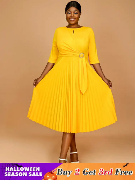 AOMEIDRESS Yellow Wedding Guest Dress Round Neck Pleated A Line S / Yellow