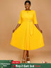 AOMEIDRESS Yellow Wedding Guest Dress Round Neck Pleated A Line S / Yellow