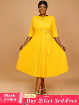 AOMEIDRESS Yellow Wedding Guest Dress Round Neck Pleated A Line S / Yellow