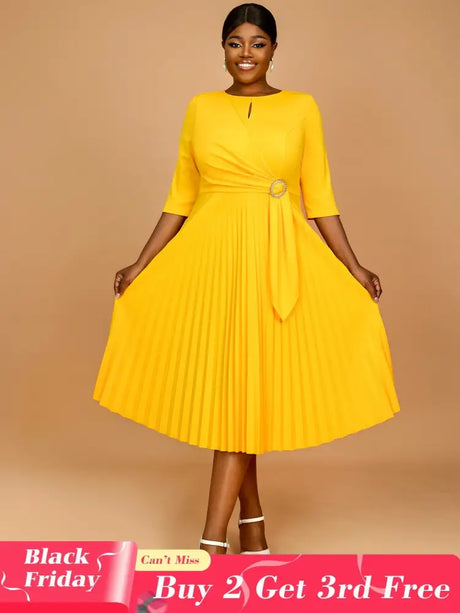 AOMEIDRESS Yellow Wedding Guest Dress Round Neck Pleated A Line S / Yellow