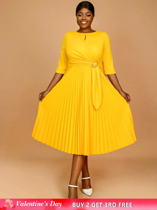 AOMEIDRESS Yellow Wedding Guest Dress Round Neck Pleated A Line S / Yellow