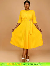 AOMEIDRESS Yellow Wedding Guest Dress Round Neck Pleated A Line S / Yellow