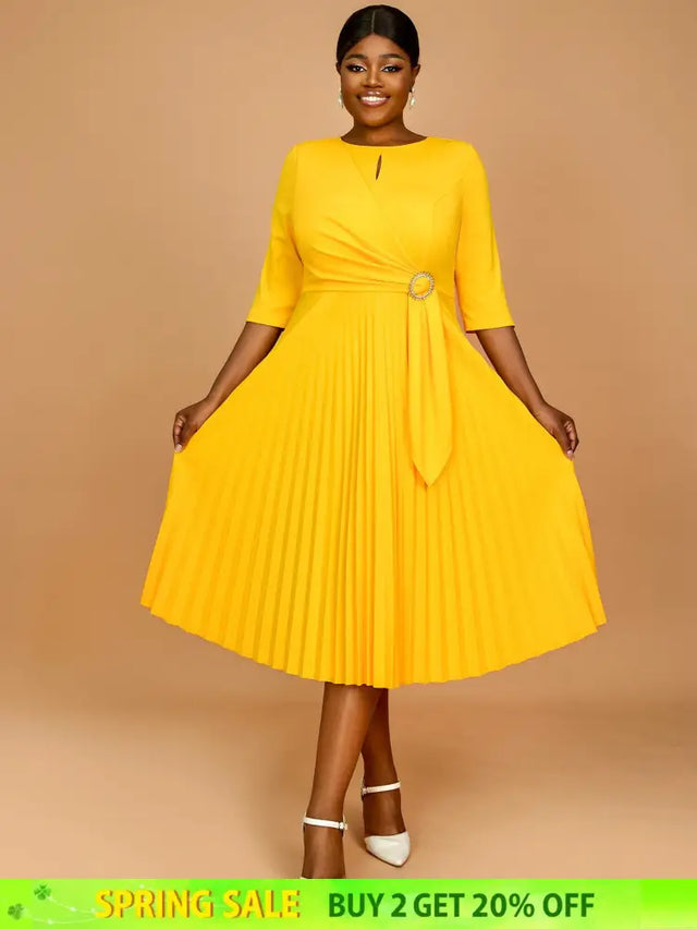 AOMEIDRESS Yellow Wedding Guest Dress Round Neck Pleated A Line S / Yellow