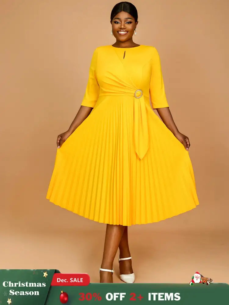 AOMEIDRESS Yellow Wedding Guest Dress Round Neck Pleated A Line S / Yellow