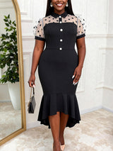 AOMEIDRESS Mermaid Dress Patchwork Sheer Mesh Dot Short Puff Sleeves