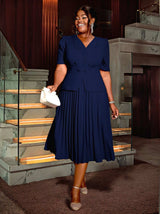 AOMEIDRESS V Neck Pleated A Line Office Dress Short Sleeve Button Up

