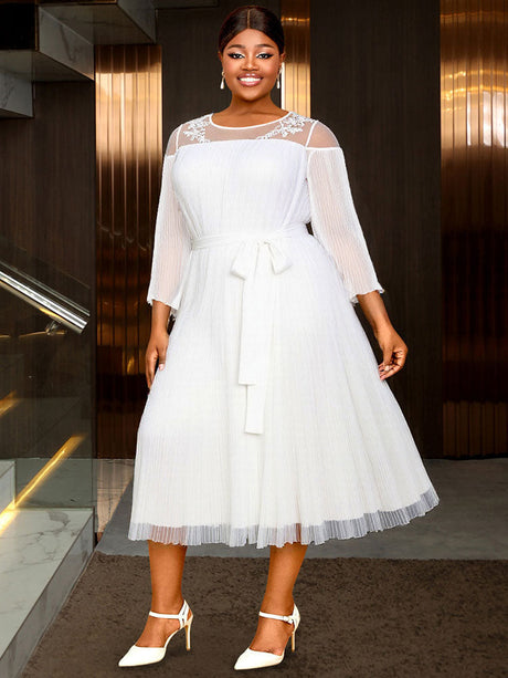 AOMEIDRESS Loose Pleated Chiffon Dress O Neck Lace Up Casual Clothing White / S