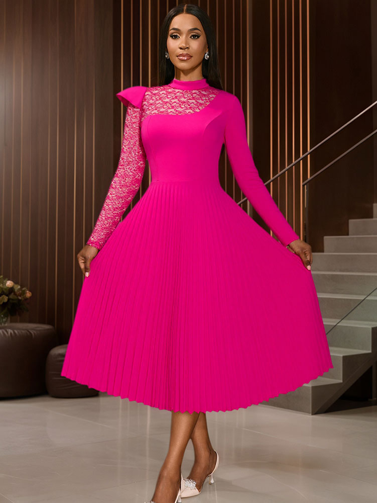 AOMEIDRESS Elegant Pleated Long Sleeve Lace Dress For Party Office