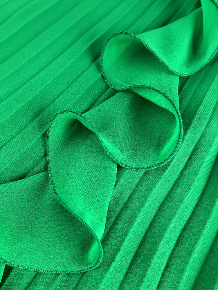 AOMEIDRESS Chiffon Pleated Dress with Layered Ruffles 3D Flower Belt