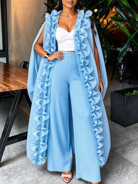 AOMEIDRESS Chic African Two Piece Set Elegant Ruffled Cape Pants