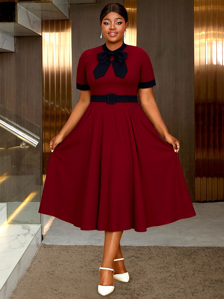 AOMEIDRESS Elegant A Line Midi Church Office Dress With Bow Waist Belt