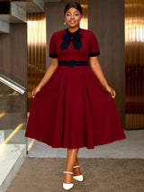 AOMEIDRESS Elegant A Line Midi Church Office Dress With Bow Waist Belt