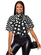 AOMEIDRESS Elegant Polka Dot Causal Blouse Bow Neck Short Sleeves