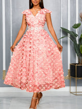 AOMEIDRESS Elegant Pink Wedding Guest Dress A Line 3D Floral Applique