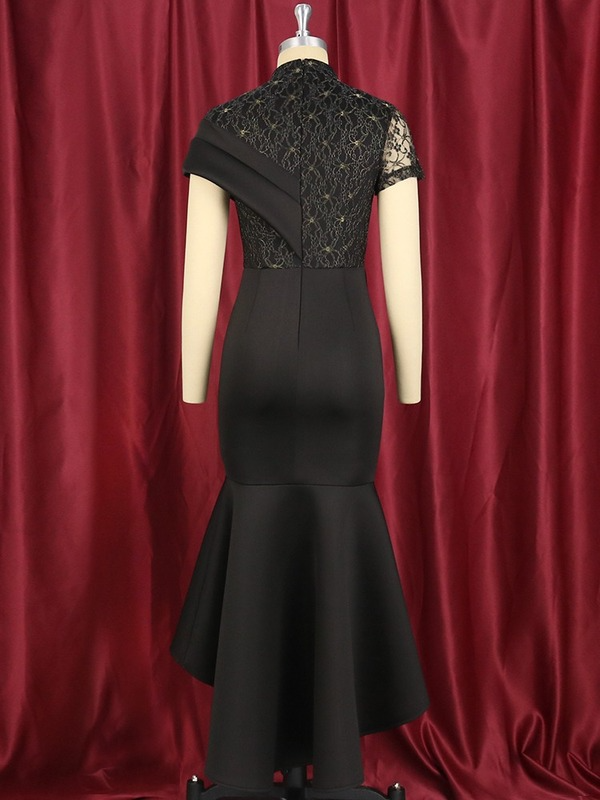 Lace Patchwork Sheer Sleeves Black Mermaid Long Dress
