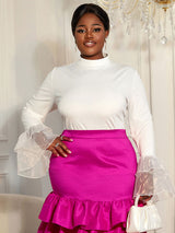 AOMEIDRESS Elegant White Tops Half High Neck with Long Flare Sleeve