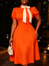 AOMEIDRESS Elegant Women A Line Colorblock Dress Bow Neck Puff Sleeve