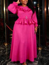 AOMEIDRESS Chic Chiffon Dress O Neck Puff Sleeves Ruffle Belt Peplum