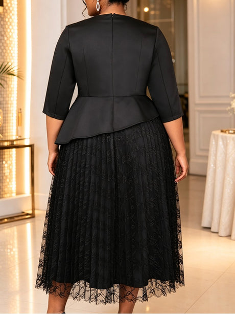 AOMEIDRESS Lace Dress Notched 3/4 Sleeve Rhinestone Waist Pleated