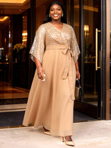 AOMEIDRESS Chiffon A Line Dresses Sequins V Neck Flare Sleeve Lace Up