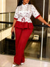 AOMEIDRESS Two Piece Set Turn Down Collar Printed Tops Wide Leg Pants