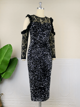 AOMEI Bare Shoulder Vintage Black Lace Sequin Party Dress