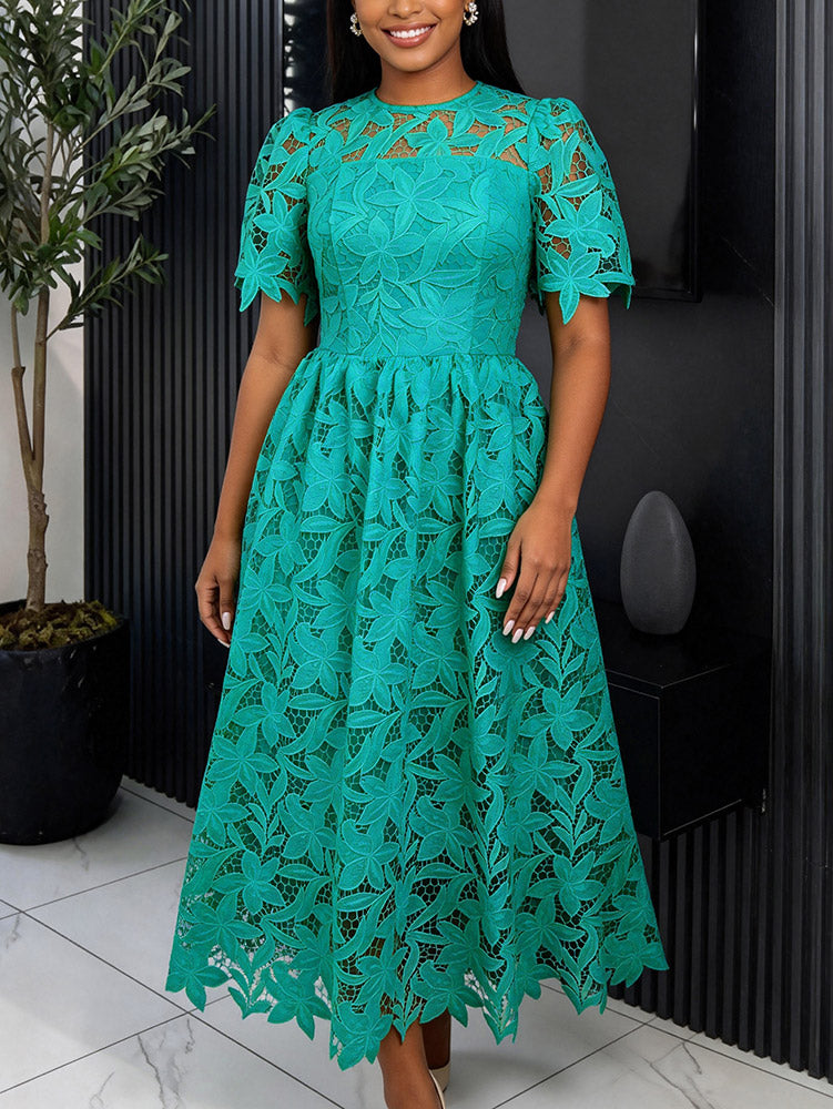 AOMEIDRESS Elegant A Line Lace Dress O Neck Hollow Out Short Sleeves