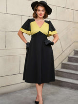 AOMEIDRESS Black Ruffle Sleeve A Line Dress with Gold Patchwork Fabric Black / S