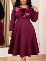AOMEIDRESS Women Elegant Midi Dress O Neck Satin Bow Long Sleeve