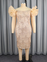 AOMEIDRESS Shiny Sequins Wedding Guest Dresses Slash Neck 3D Ruffles