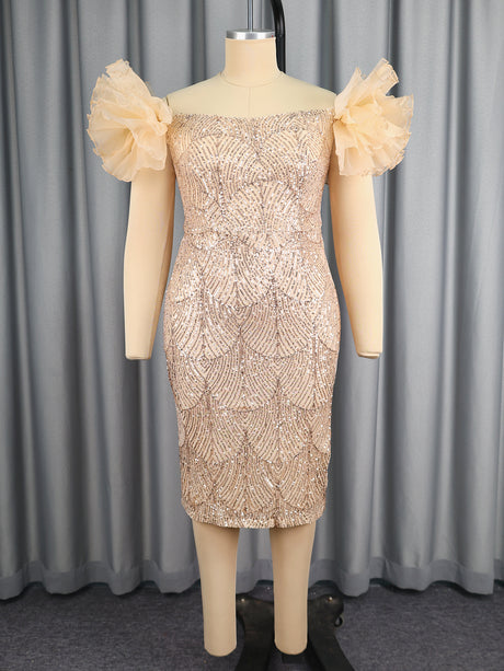 AOMEIDRESS Shiny Sequins Wedding Guest Dresses Slash Neck 3D Ruffles