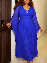 AOMEIDRESS Pleated Chiffon Prom Dress V Neck Beading Batwing Sleeves