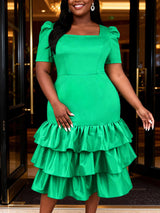 AOMEIDRESS Bodycon Dress Square Collar Short Sleeves Ruffle Layered
