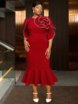 AOMEIDRESS Bodycon Red Mermaid Dress with 3D Flower for Wedding Party