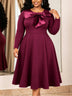 AOMEIDRESS Women Elegant Midi Dress O Neck Satin Bow Long Sleeve