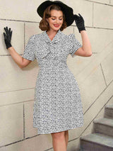 AOMEIDRESS White Short Sleeve A Line Mini Dress with Tie Neck White / S Printed Dresses