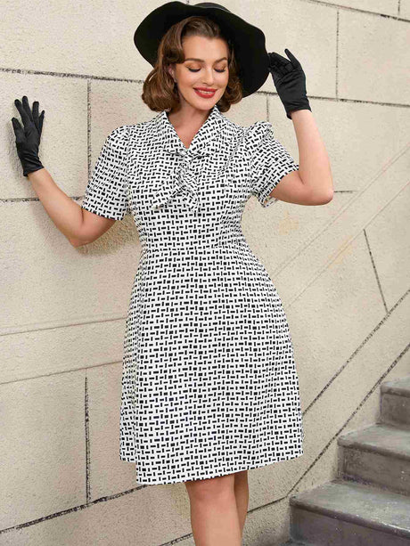 AOMEIDRESS White Short Sleeve A Line Mini Dress with Tie Neck White / S Printed Dresses