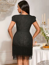 AOMEIDRESS Bodycon Jacquard Fringe Party Dress O Neck Short Sleeve