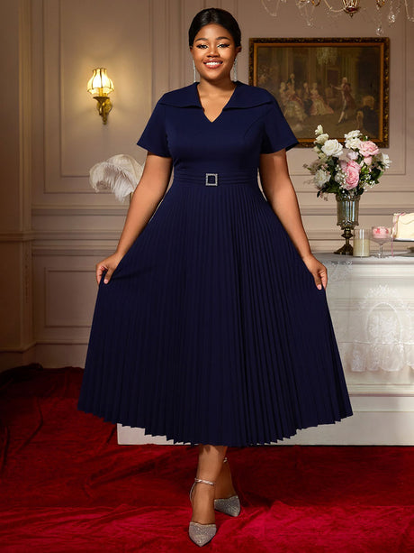 AOMEIDRESS A Line Church Dress V Neck Short Sleeve with Diamond Belt Navy / L