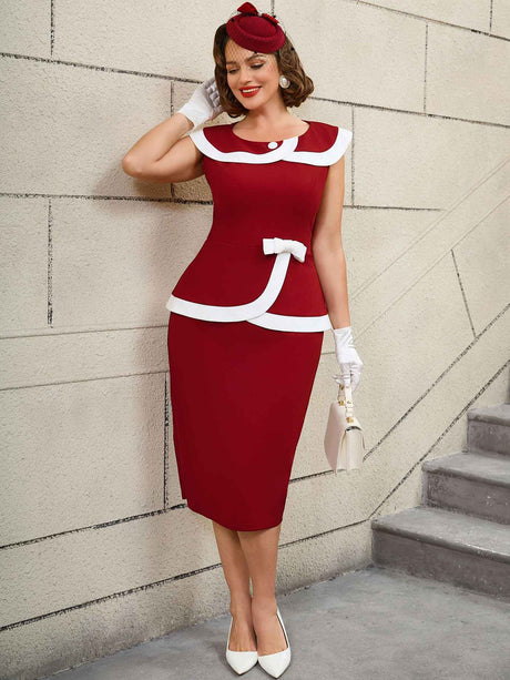 AOMEIDRESS Vintage Dresses Turn Down Collar Colorblock Bodycon Dress