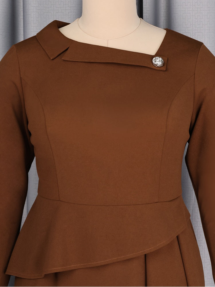 AOMEIDRESS Elegant A Line Dress Asymmetric Neck Long Sleeves Peplum