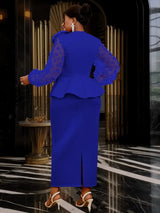 Blue Maxi Dress O Neck Sheer Lantern Sleeve with 3D Flower