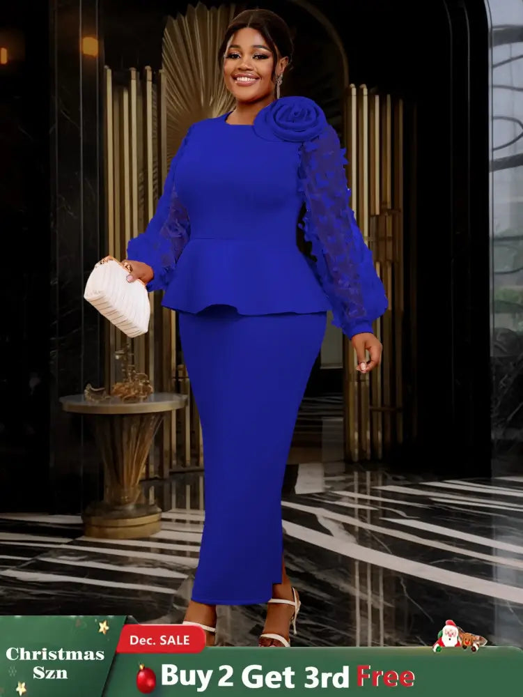 Blue Maxi Dress O Neck Sheer Lantern Sleeve with 3D Flower Blue / S