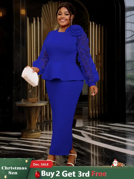 Blue Maxi Dress O Neck Sheer Lantern Sleeve with 3D Flower Blue / S